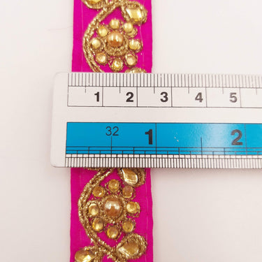Fuchsia Pink Silk Fabric Lace Trim Floral Embroidery & Indian Stones Kundan Embellishment, Decorative Sari Trim, Floral Border Trim By Yard